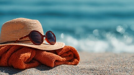 Sunglasses resting on a straw hat placed on a beach towel beside the ocean waves during a sunny day