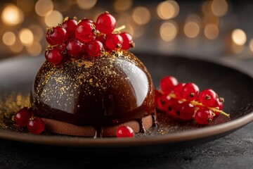 Chocolate dessert with vibrant red currants and golden accents on a dark plate, illuminated by soft warm lights during evening setting