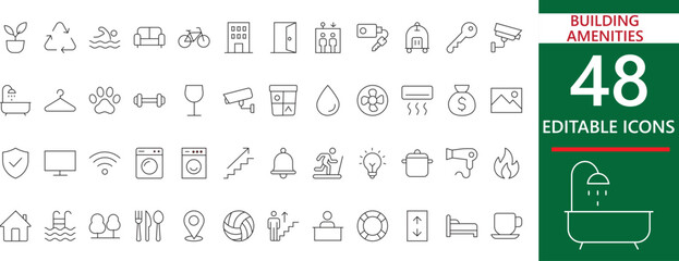 A sleek icon collection showcasing key building amenities for modern properties. Perfect for real estate listings, apartment designs, and commercial property visuals.