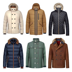 Variety of stylish winter jackets presented as PNG elements, showcasing different textures, colors, and designs