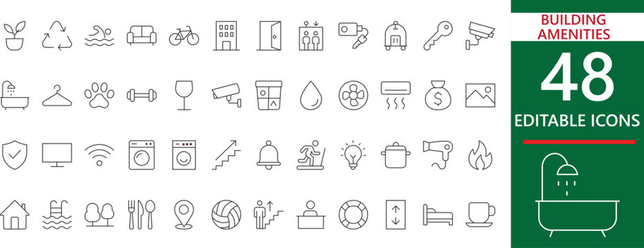 A sleek icon collection showcasing key building amenities for modern properties. Perfect for real estate listings, apartment designs, and commercial property visuals.
