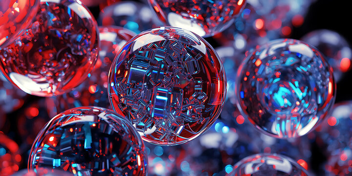 Abstract red and blue illuminated metallic geometric shapes within glass spheres
