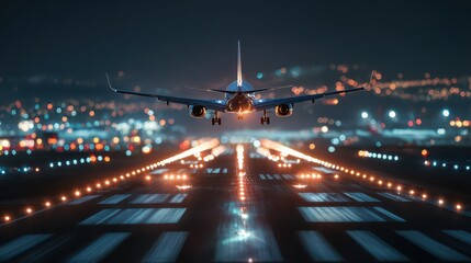 Aircraft approaches runway at night illuminated by runway lights in a busy airport setting