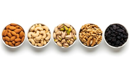 A Healthy Assortment of Dry Fruits Including Almonds, Cashews, Pistachios, Walnuts, and Raisins Arranged Neatly in Bowls, Representing Nutrition and Natural Energy