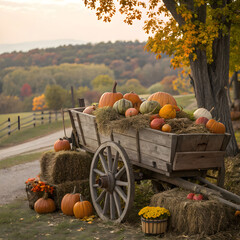 Rustic wooden cart overflowing with pumpkins, gourds