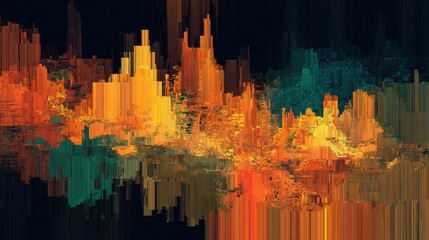 Colorful abstract wave pattern created with digital design technique showcasing vibrant oranges, greens, and blues over a dark background