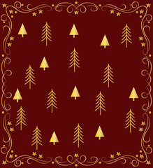 Obraz premium Patrón navideño dorado con árbol de navidad en fondo rojo con marco elegante