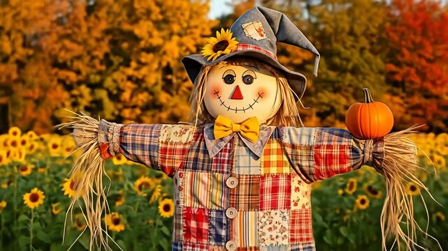 Cheerful scarecrow in a patchwork shirt stands amidst a field of sunflowers
