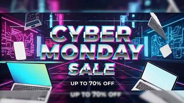 Cyber Monday sale, with laptops, tablet and controller on digital path background