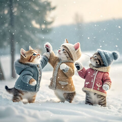 Three adorable kittens wearing tiny winter coats and hats, sitting together, fluffy fur