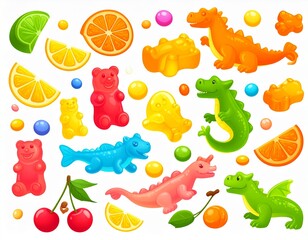 Obraz premium Jelly gum candy sweets vector illustration set. Realistic creative chewy candy for 
