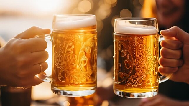 Two beer mugs with frothy tops clink in a toast, intricate foliage pattern on the glass