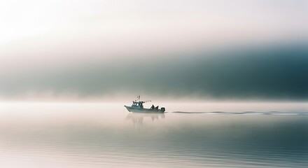 Boat Sailing Through Misty Waters - A Serene Coastal Scene.