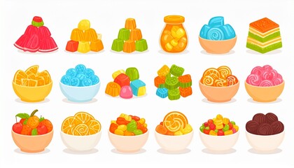 Fototapeta premium Cartoon gummy set. Jelly candy, fruity delicious chewy sweets with various flavors