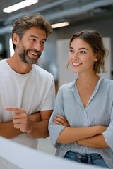 Caucasian young adult male and female colleagues smiling in office environment