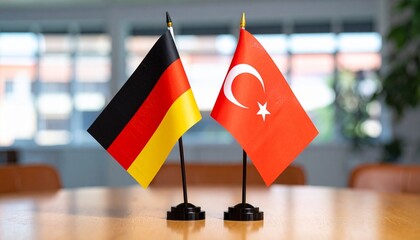 Two small table flags—Germany on the left with black, red, and gold horizontal stripes, and Turkey on the right with a red field and white star and crescent—mounted on gold-tipped flagpoles with round