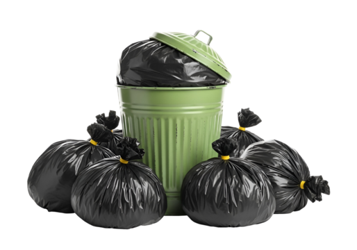 Green Metal Trash Can and multiple black garbage bags illustrating waste management and household refuse disposal, isolated on transparent background.