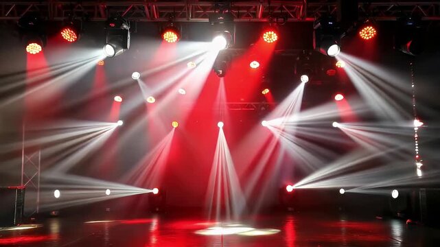 Dynamic stage lighting fills an empty performance venue with vibrant red and white beams cutting through atmospheric haze. Multiple spotlights illuminate the stage floor, creating a dramatic and energ