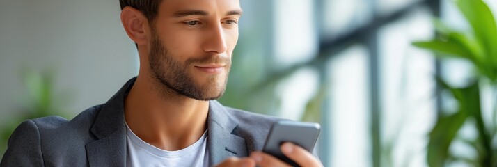 Young caucasian male using smartphone in bright modern setting