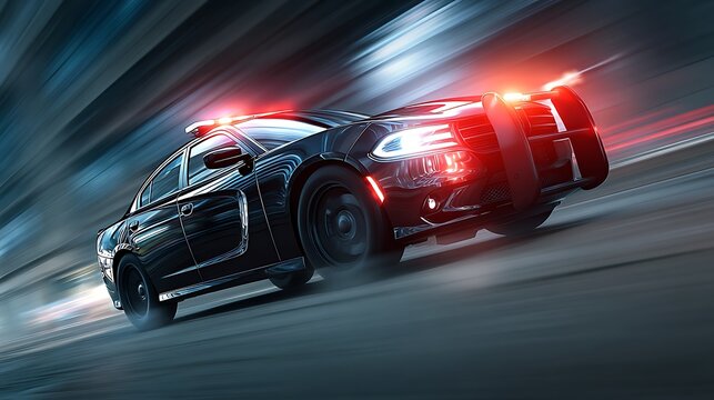 futuristic police car, glowing siren lights, black metallic body, speed motion blur, urban sci-fi environment - Powered by Adobe