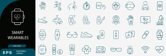 Smart Wearables and Digital Fitness Monitoring Technology Line Icon Set