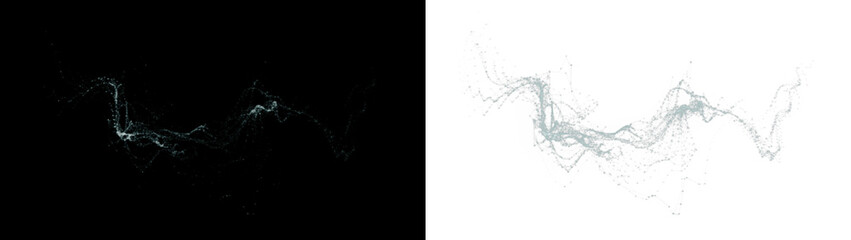 Abstract wave illustration with dynamic lines and particles on contrasting black and white...