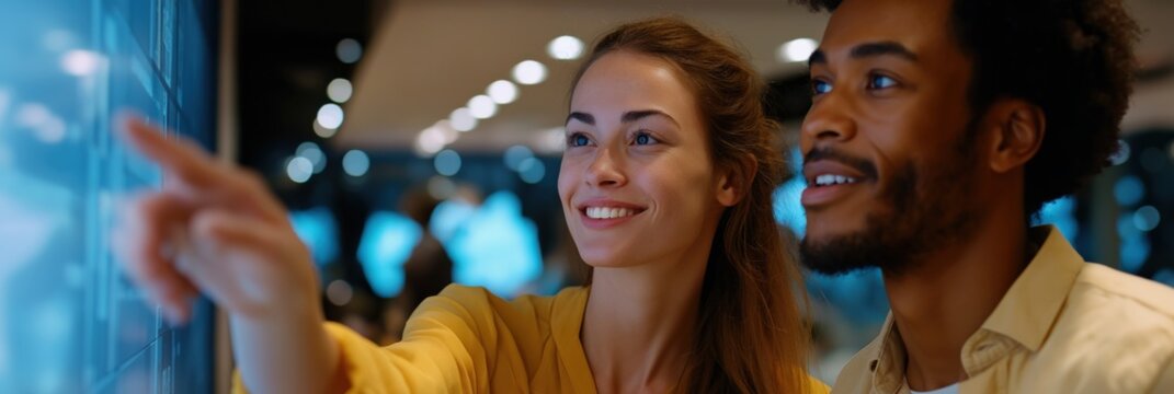 Young adults engaged with interactive screen in modern office setting