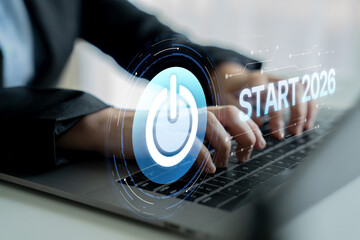 Start 2025 concept with futuristic power button symbolizing fresh beginnings, innovation, and...