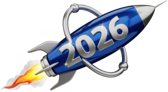 Blue Rocket With 2026 Number Emblazoned On Its Side Launching With Fiery Exhaust year future isolated on a transparent background
