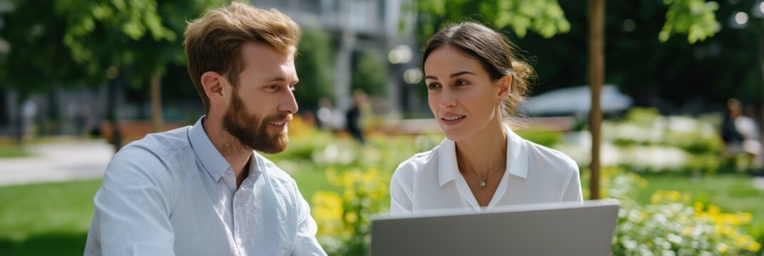 Caucasian young male and female discussing outdoors with laptop in park setting