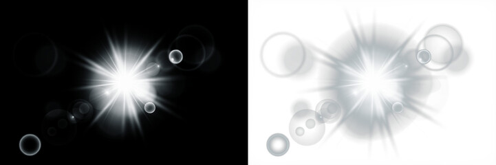 Bright light burst overlay with soft bokeh effects on contrasting black and white backgrounds, ideal for creative design projects and visual enhancements