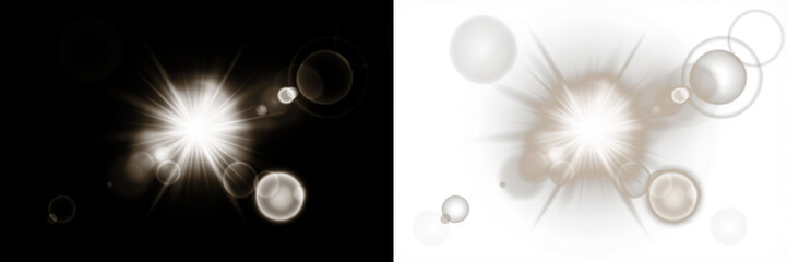 Bright light burst overlay with soft glowing orbs on contrasting black and white backgrounds, ideal for enhancing visual designs and creating dynamic effects in digital projects