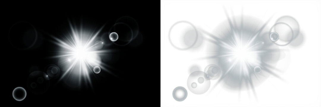 Bright light burst overlay with soft bokeh effects on contrasting black and white backgrounds, ideal for creative design projects and visual enhancements