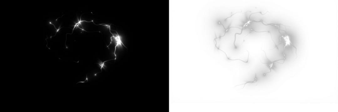 Abstract light png overlay featuring glowing strands and sparkles on black and white backgrounds, ideal for creative design projects and visual enhancements with copy space