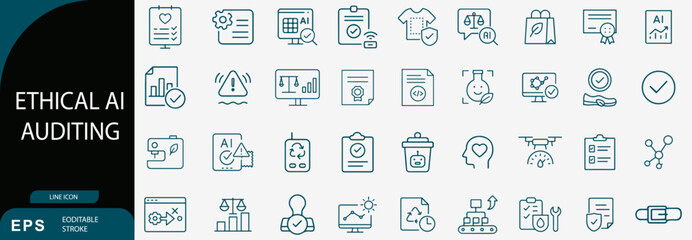 Ethical AI Auditing and Responsible Artificial Intelligence Technology Line Icon Set