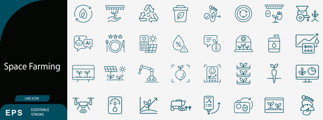 Future Space Farming and Extraterrestrial Agriculture Technology Line Icon Set