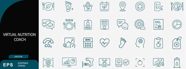 Virtual Nutrition Coach and Digital Diet Planning Program Line Icon Set