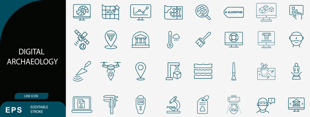 Digital Archaeology and Historical Site Mapping Technology Line Icon Set