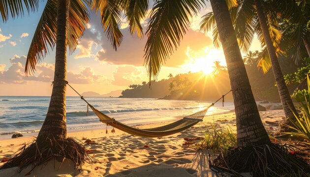 Pixelated tropical beach at sunset with palm trees and hammock ocean horizon warm golden light casting long shadows on sand
