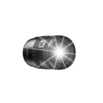Camera Lens with Bright Starburst Light Effect Emanating from the Center on Background Keywords: camera, lens, photography, equipment, object, technology isolated on a transparent background