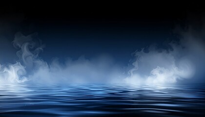 Smoke clouds above black water surface. Vector realistic illustration of white fog,