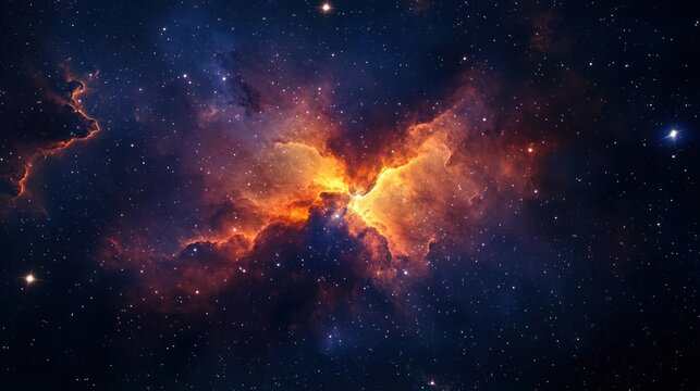 A vibrant nebula with a central orange glow surrounded by a blue and purple cosmic landscape, with stars and gas clouds in the background. - Powered by Adobe