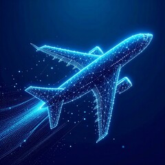 A digital illustration showcasing an airplane rendered with a mesh of glowing blue points and lines, ascending against a dark backdrop