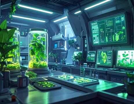 Sci-fi laboratory inside spacecraft with monitors displaying data, glowing green