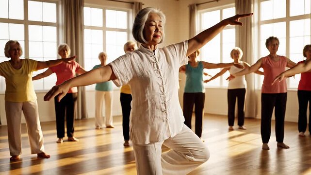 Elderly people practicing Tai Chi in a bright and airy room, promoting wellness and exercise.
