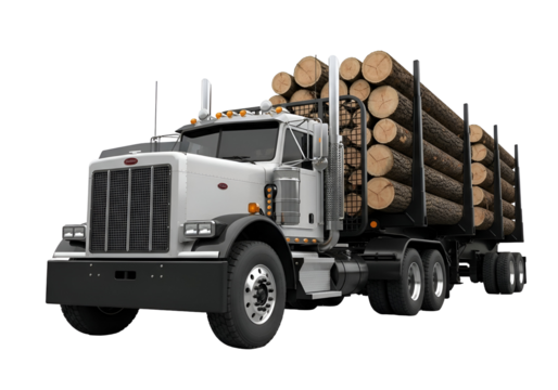 White Logging Truck Loaded with Timber Logs, a Powerful Semi-Truck for Heavy Transport and Forestry Operations, 3D Render Isolated on Transparent Background