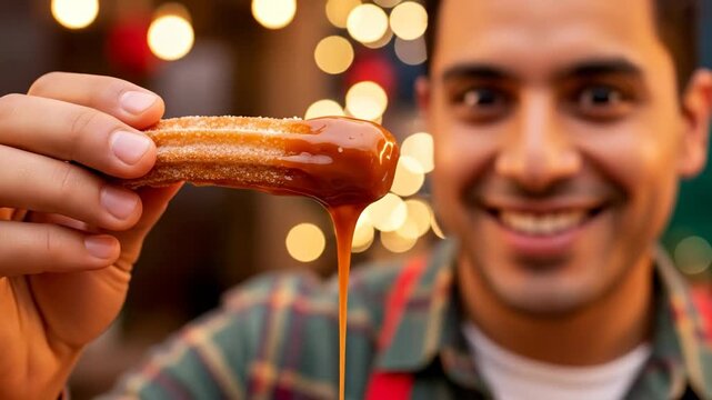 Man holding churro with caramel dripping and electric sparks, expressing ecstatic enjoyment for fast food advertisement footage