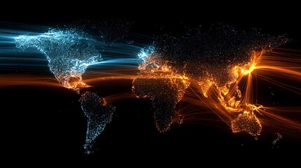 Orange and blue neon lines connect major cities around the world, symbolizing the ever-changing flow of financial trade.