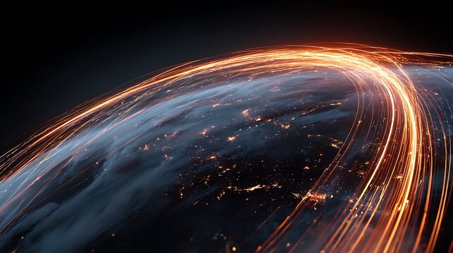 Neon light streams of data flow around the world, like the flow of money and data in a global payment system.