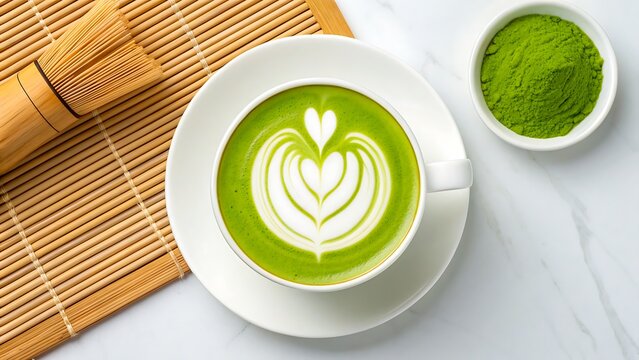 Matcha green tea latte with heart foam art in white cup
